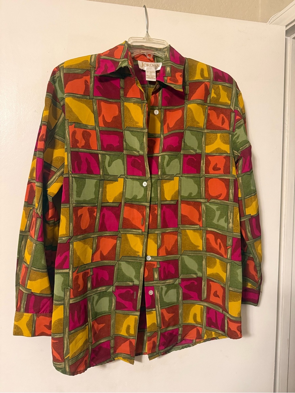 Jordan Colorblock Square-Print Button Down Shirt - Green/Yellow/Orange/Pink